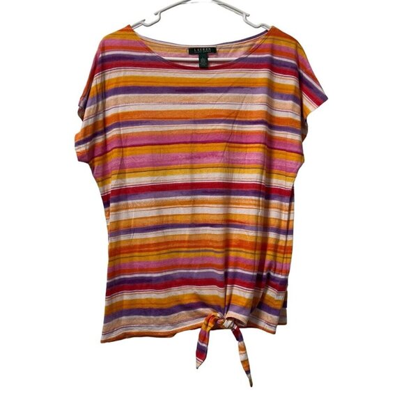 Lauren Ralph Lauren Women Size L Short Sleeve Tie Front T Shirt Colorful Striped - Picture 1 of 10